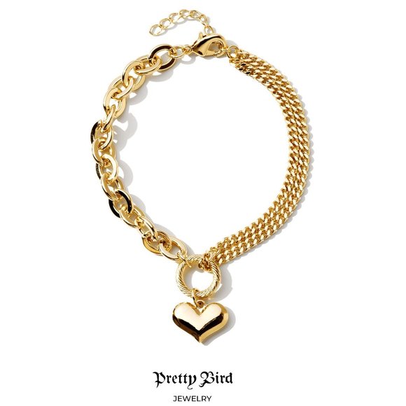 18K Yellow Gold Plated Heart Charm Bracelet - 8" - Picture 1 of 2